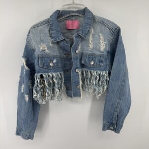 Y2K Azalea Wang Distressed Fringe Denim Jacket Cropped Trucker Womens L NWT